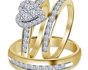 Heart shape Rings for Couple, 14k Yellow Gold Over 925 Sterling Solid Silver Men's & Women's Diamond Wedding Trio Ring Set