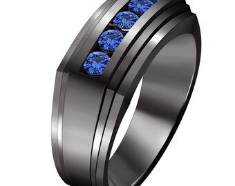 925 Sterling Silver Men's Anniversary Band Ring/ 14k Black Gold Finish Round Cut Blue Sapphire Men's Ring, September Birth Stone Ring