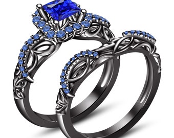 Blue Sapphire Wedding Ring Set  14K Black Gold Plated  2.40 CT 925 Silver  Bridal Jewelry