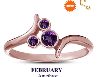 Rose Gold Finish Round Cut Engagement Diamond Ring, February Amethyst Famous Birthstone Ring 925 Sterling Silver, Women Bridal Ring Set