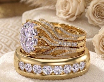 Anillo de compromiso y alianza de boda de diamantes para él y para ella, conjunto de tres anillos de oro de 18k sobre plata de ley 925.