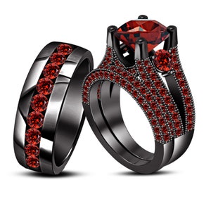 Couples Wedding Ring Trio Set Red Garnet Black Gold Plated 925 Sterling Silver Free Shipping