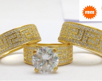 White Diamond Trio Ring Set, Yellow Gold over Sterling Silver