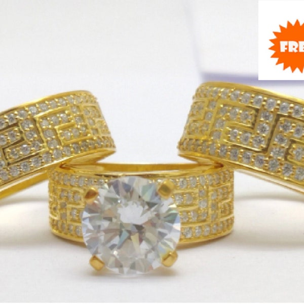 White Diamond Engagement Wedding Trio Ring Set Matching Band/ Yellow Gold Over 925 Sterling Silver Couple's Best Selling Rings/ Heavy Rings
