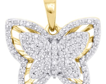 Blanc Simulé Diamants Accent Sterling Silver Butterfly Pendentif En Or Jaune Plating