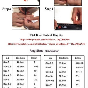 May include: Image showing instructions on how to measure ring size using thread, with a ring size chart. The chart includes U.S. sizes, measurements in millimeters, and British ring sizes. The text includes a link to a YouTube video.
