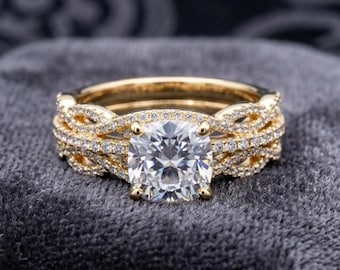 Solitaire Moissanite Engagement Ring For Her, Twisted Cushion Cut Bridal Set 3PC Wedding Set