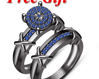 14K Black Gold Finish 925 Sterling Silver Engagement wedding Jewelry - Round Cut White Blue Sapphire Bridal Ring Set - Free Gift Included