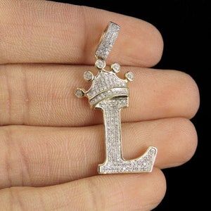 14K Yellow Gold Finish 925 Sterling Silver Initial Letter L Crown Moissanite Custom Pendant, Personalized Pendent with Any Alphabet