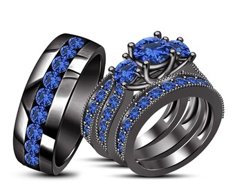 His & Her Engagement Ring Wedding Band Trio Set 10k Black Gold - Etsy