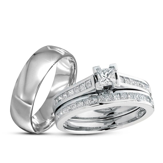 Men's Women's His Her White Diamond Wedding Band Trio - Etsy