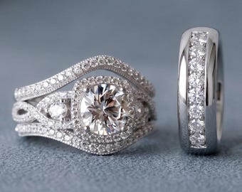 His and Her Trio Ring Set, Rose Gold Fn Wedding Bands with Round Cut sim. Diamond Engagement Ring, Bridal Set, Anniversary Gift