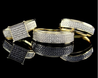 Diamond Trio Rings For Couple, 14K Gold Finish His & Her Engagement Rings, Bridal Ring Set, Best Wedding Bands for Men and Women Ring