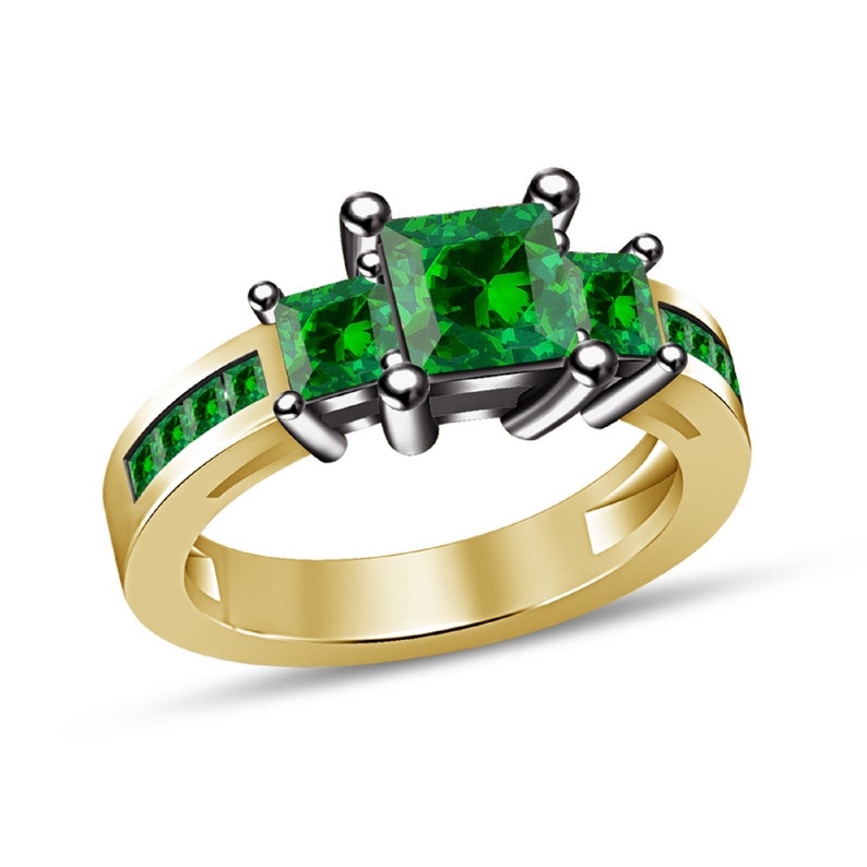Ladies Engagement Wedding Bridal Set 925 Sterling Silver 14K Yellow Gold Finish Green Emerald Princess Cut