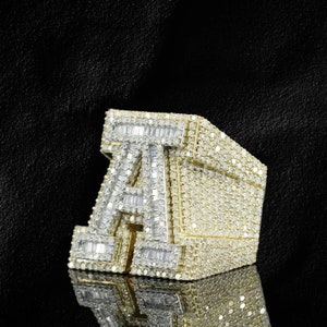 Anillo con letra inicial, anillo personalizado con letra "A", anillo con nombre de moissanita Fn de oro para hombres, anillo personalizado con diamantes brillantes de hip hop de raperos