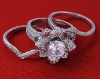 Women&#39;s Lotus Flower Engagement Wedding Band Ring Set, 925 Sterling Silver Round Cut Moissanite Halo White Gold Finish, Bridal Ring Set