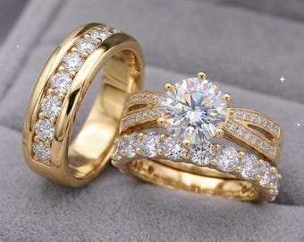 Yellow Gold Plated Trio Ring Set, His & Hers Diamond Wedding Bands with Round Engagement Ring