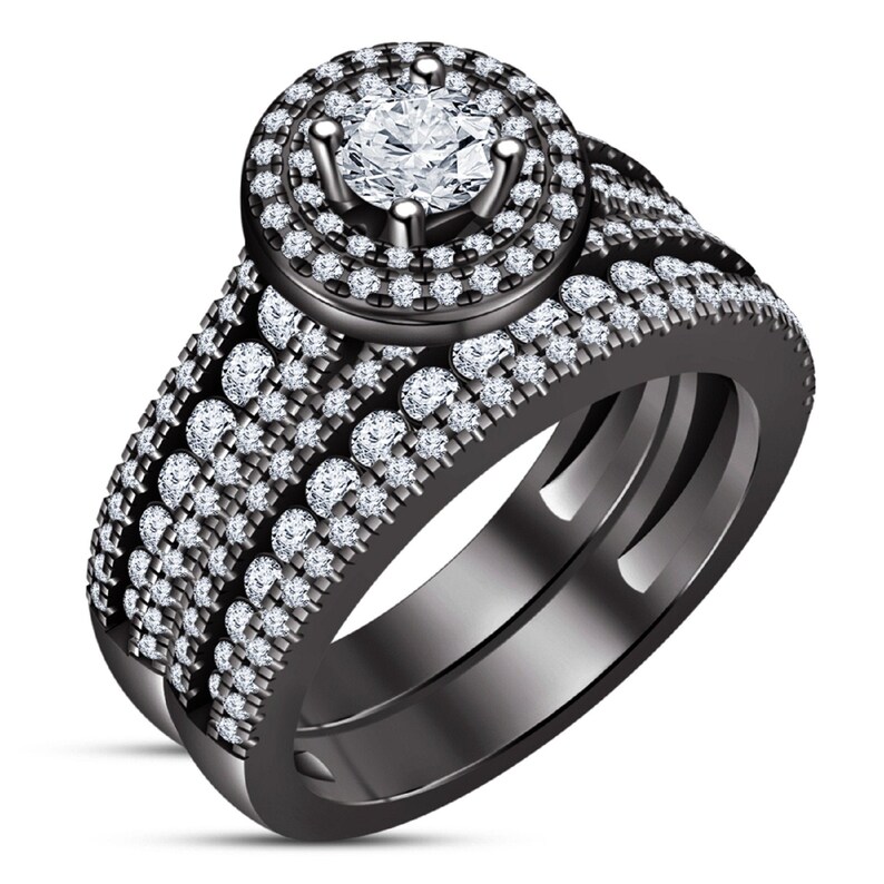 White Diamond Round Cut 925 Sterling Silver Women/'s Engagement Bridal Wedding Ring Set 14K Black Gold Finish