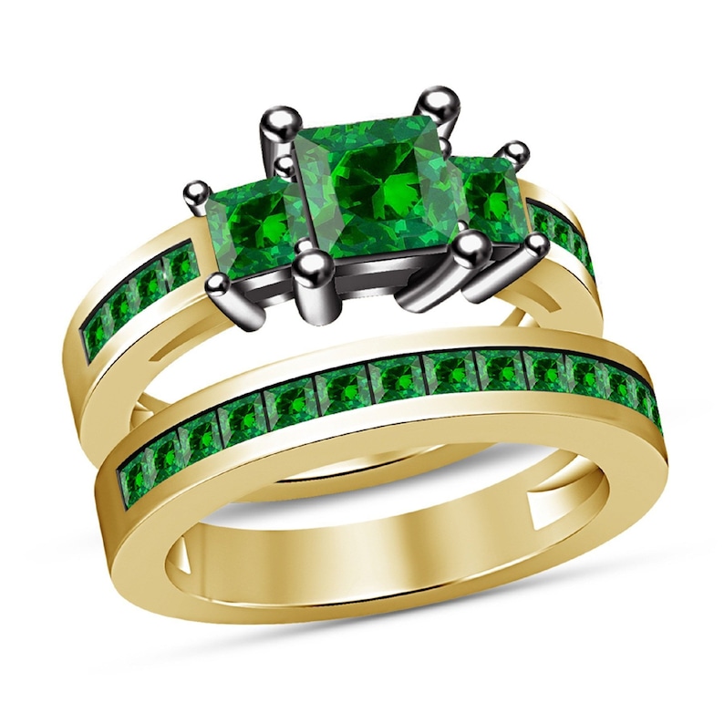 Ladies Engagement Wedding Bridal Set 925 Sterling Silver 14K Yellow Gold Finish Green Emerald Princess Cut