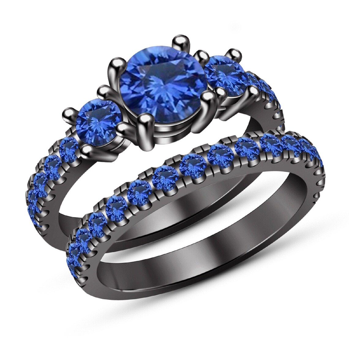 14k Black Gold Finish Blue Sapphire Bridal Set Three Stone | Etsy