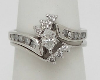 Moissanite Engagement Wedding Ring Bridal Set/Most Selling 14K White Gold Fn Matching Diamond Band/Marquise Ring  Enhancer/Mother's Day Gift