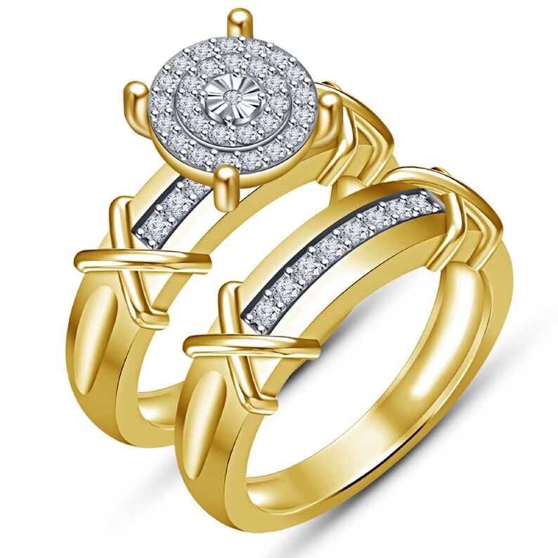 14K Yellow Gold Finish Diamond Bridal Engagement Ring Round Wedding Set 925 Sterling Silver