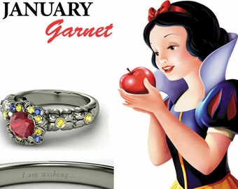 Anillo de princesa Disney con acabado en oro blanco de 14 quilates para mujer con anillo de compromiso con piedra natal de granate de enero de plata de ley 925