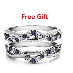 1 kt ronde geslepen blauwe saffier diamantverbeterring, 14 kt witgouden afwerking ring bewaker jas cadeau voor moeder, wrap verlovingsring