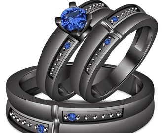 Wedding Band 925 Silver His & Her Blue Sapphire Trio Ring Set Black Gold Over
