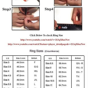 Puede incluir: Gr&aacute;fico instructivo sobre c&oacute;mo medir la talla de un anillo con hilo. La imagen incluye instrucciones paso a paso, una tabla de tallas de anillos con medidas estadounidenses, brit&aacute;nicas y en mil&iacute;metros, y un enlace a un v&iacute;deo de YouTube.