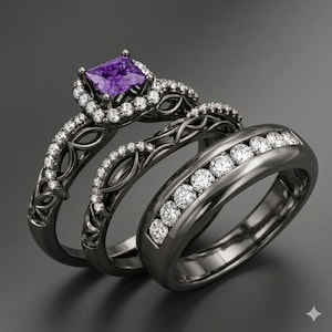 May include: A three-piece ring set featuring a dark gunmetal finish. The primary ring has a square-cut purple center stone surrounded by small white stones. The two accompanying bands feature intricate filigree details and channel-set white stones.