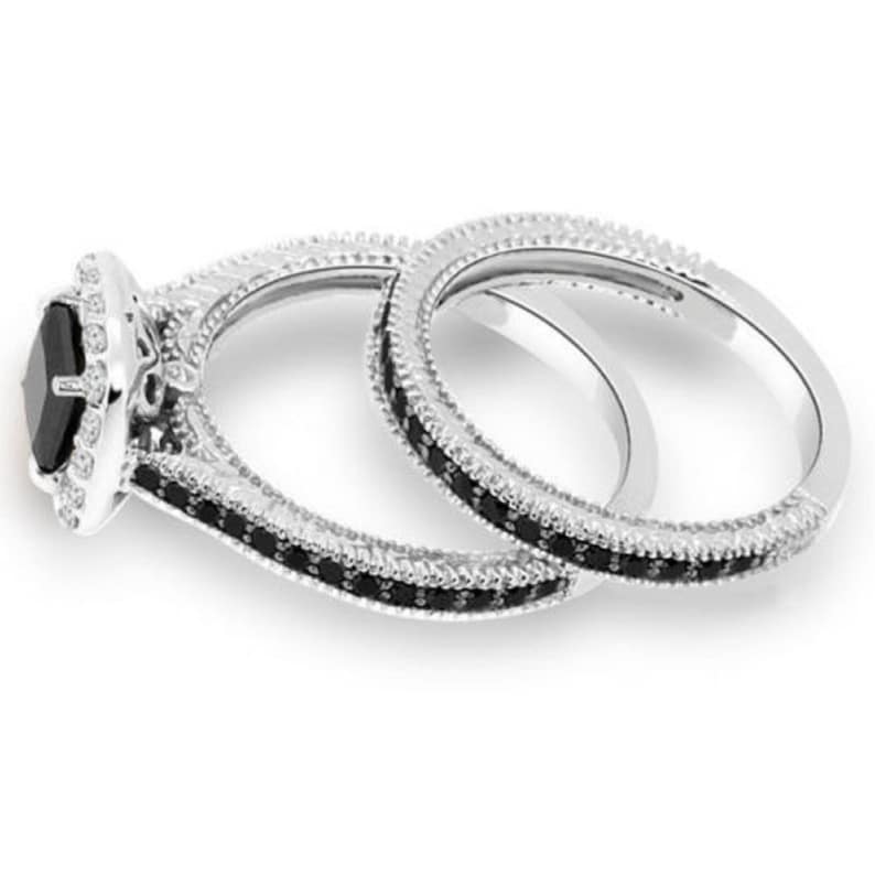 Cushion Cut Diamond Halo Bridal Set Engagement Wedding Ring Set White Gold Finish 925 Sterling Silver image 4