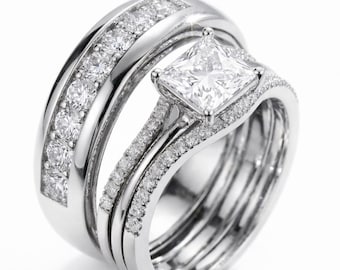 Trio Ring Set for Him and Her, Princess Cut Sim.Diamond Wedding Set, White Gold Plated Bridal Set with Matching Men's Band, Couple Rings