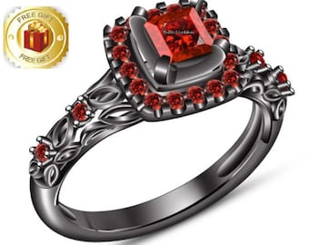 Princess Cut Red Garnet 14k Black Gold Plated 925 Silver Women's Engagement Ring, Christmas Gift / Free Shipping
