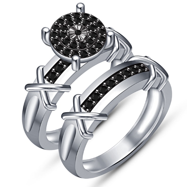 Black Diamond 925 sterling silver wedding bridal ring Set round cut white Diamond 14k White Gold Finish Engagement Wedding ring Set