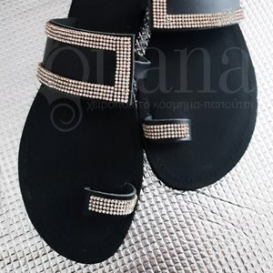 Black Leather Sandals Roman Toe Ring Sandals Bling Shoes - Etsy