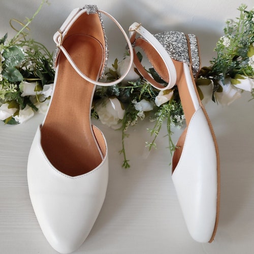 Backyard Marriage, Silver Glitter & White Leather Wedding Shoes, Closed Toe Flat Sandal, Ankle Wrap Closure, Wedding Gown Shoes, Flower Girl shops