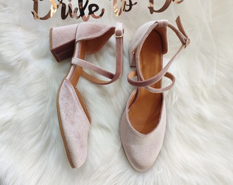 Pink Block Heels Women, Dusty Rose Velvet Pumps, Cross-front Ankle Wrap Heels, Mother of Bride Shoes, Size 39 EUR, Bridesmaid Dress Shoes