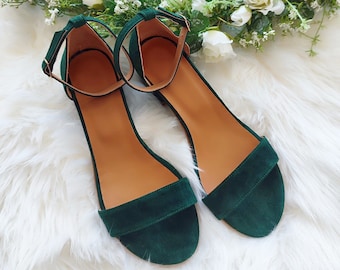 Women's Green Strap Suede Sandals, Dress Gown Shoes, Ankle Strap Block Heeled Sandals, Forest Green Wedding Theme, Bridesmaids Gift Idea