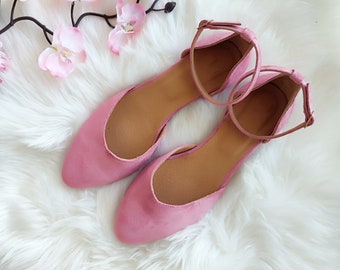 Dusty Rose Women's Wedding Shoes, Blush Suede Flats For Bride, Ballerinas Shoes With Ankle Strap, Pointy Toe Shoe, Bride's Closed-toe Sandal