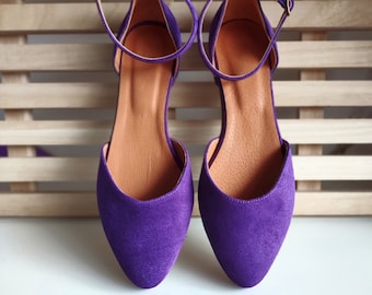 Special Event Ankle Strap Ballet Shoes in Purple Suede Leather, Women's Closed-toe Sandals, Pointy Toe Shoes, Elegant Contemporary Shoes