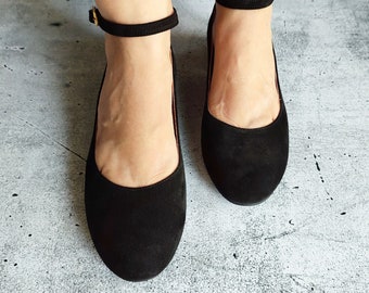 Tie-up Low Heel Pumps, Ankle Wrap Ballerinas in Black Suede, Rounded-toe Shoes, Women's Party Shoes, Comfy Heeled Leather Pumps, Gift Idea
