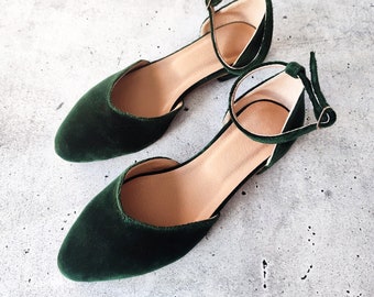 Size EUR38 Ready to Ship, Green Velvet Women's Pointed Toe Shoes, Bridal Velvet Ballet Flats, Dark Green V Cut Ankle Strap Closed Sandals