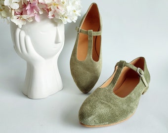 Sage Green Suede Ballet Pumps with Front T-Strap Closure, Low Heeled Ballet Pumps, Appealing Women's Closed-Toe Sandals, Step into Style