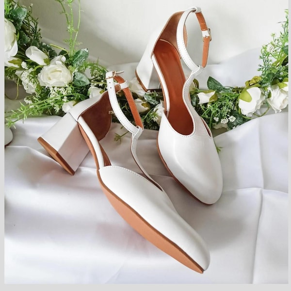 Vintage Inspired Marriage Shoes, White Leather Ballet Pumps, Female's Closed-toe Sandals, T-Strap Block Heel, Ankle Closure, Dancing Shoes