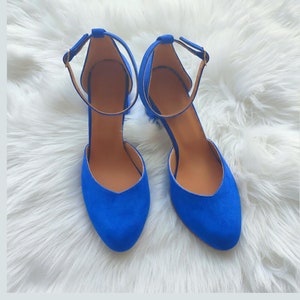 Blue Royal Suede Block Heels, Blue Leather Shoes, Block Heel Pumps ...