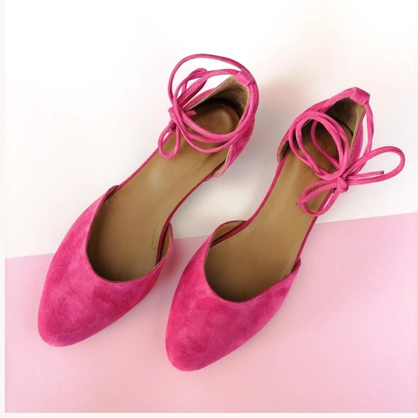 Hot Pink Colour, Women's Closed-toe Sandals, Ballerinas Shoes With Ankle Wrap Around Tie, Pointy Toe Shoes, Bright Pink Suede Flat Shoes