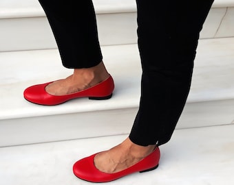 Handmade Red Ballerinas Shoes, Leather Flats, Women's Shoes, Slip Ons, Genuine Leather, Cherry Red Low-Heel Shoes, Rounded Toe Flat Ballets