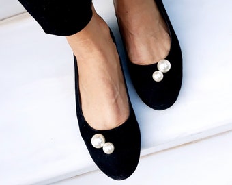 Women's Suede Leather Shoes, Black Ballet Flats, Round Toe Slippers, Chic And Confident All-Day, Pearl Shoes, Made by hand Shoes, Gift Idea