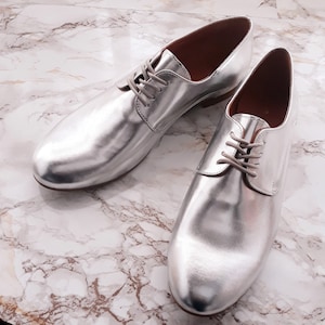 May include: A pair of silver metallic lace-up shoes with a pointed toe. The shoes have a shiny finish and are on a white marble surface.